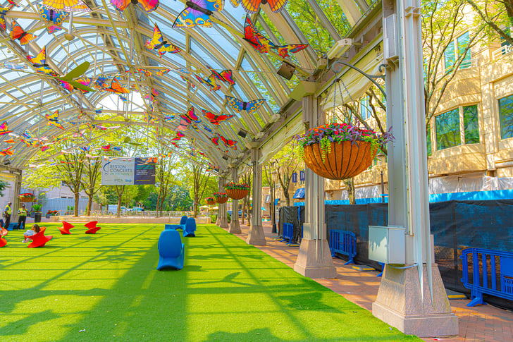 outdoor venue with turf and hanging butterflies 