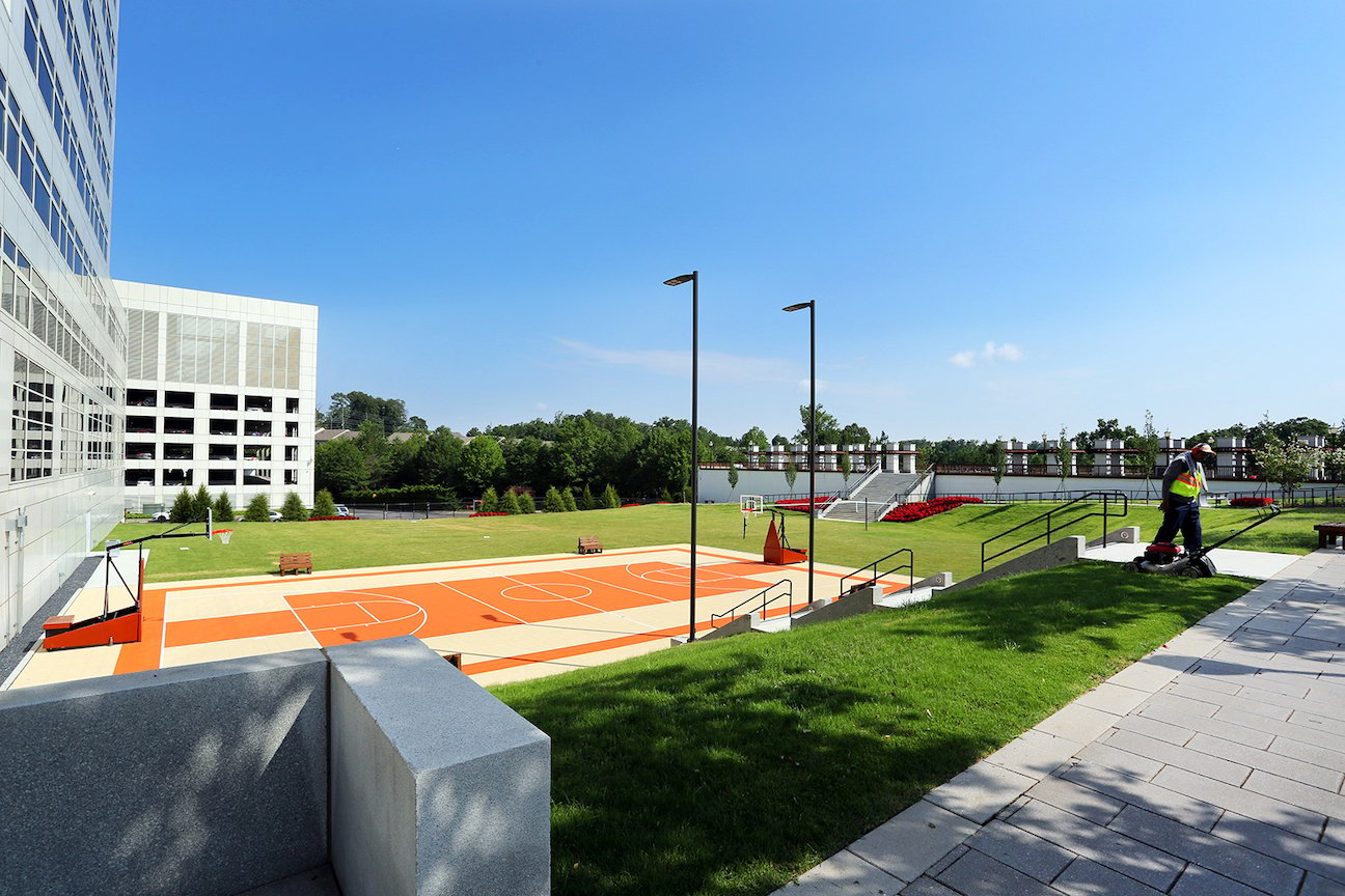 Outdoor basketball court and amphitheater for large outdoor gatherings