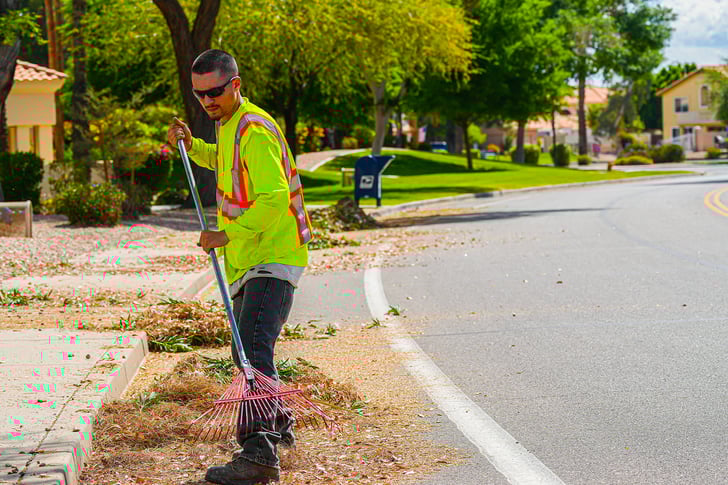 landscape worker raking leaves, example of landscaping in phoenix az