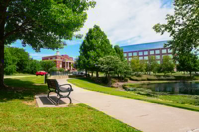 Bench along walking path | Southlake Texas Commercial Landscaping