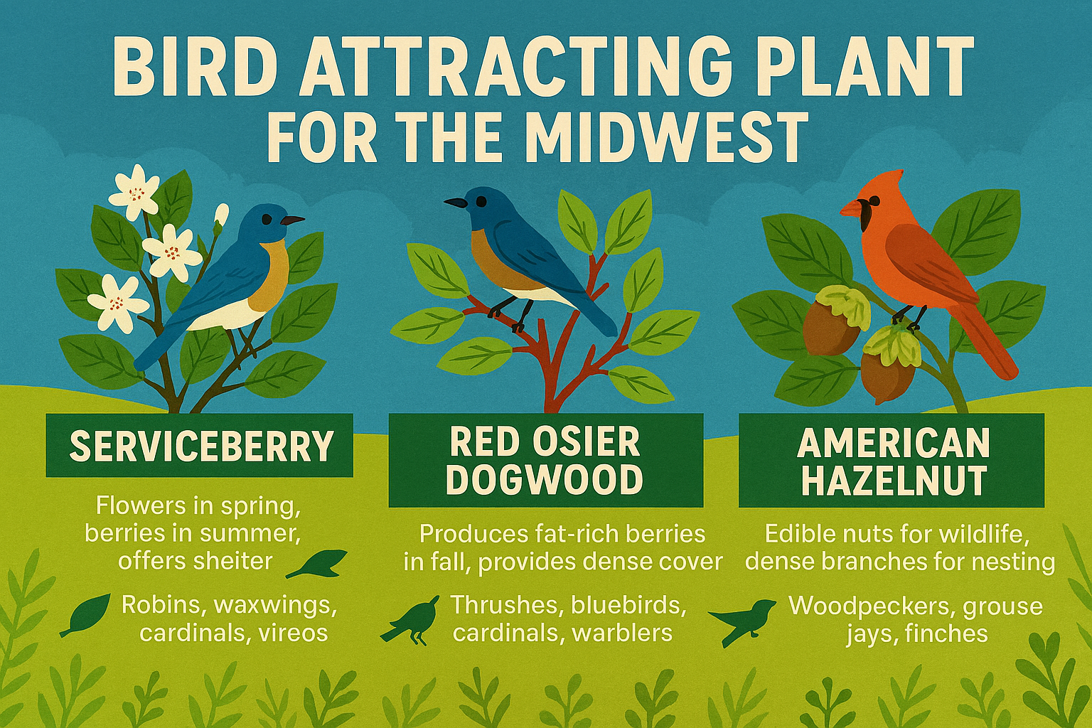 Bird Attracting Plants for the Midwest  Plant Name Why Birds Love It Notable Bird Visitors Serviceberry Flowers in spring, berries in summer, offers shelter Robins, waxwings, cardinals, vireos Red Osier Dogwood Produces fat-rich berries in fall, provides dense cover Thrushes, bluebirds, cardinals, warblers American Hazelnut Edible nuts for wildlife, dense branches for nesting Woodpeckers, grouse, jays, finches