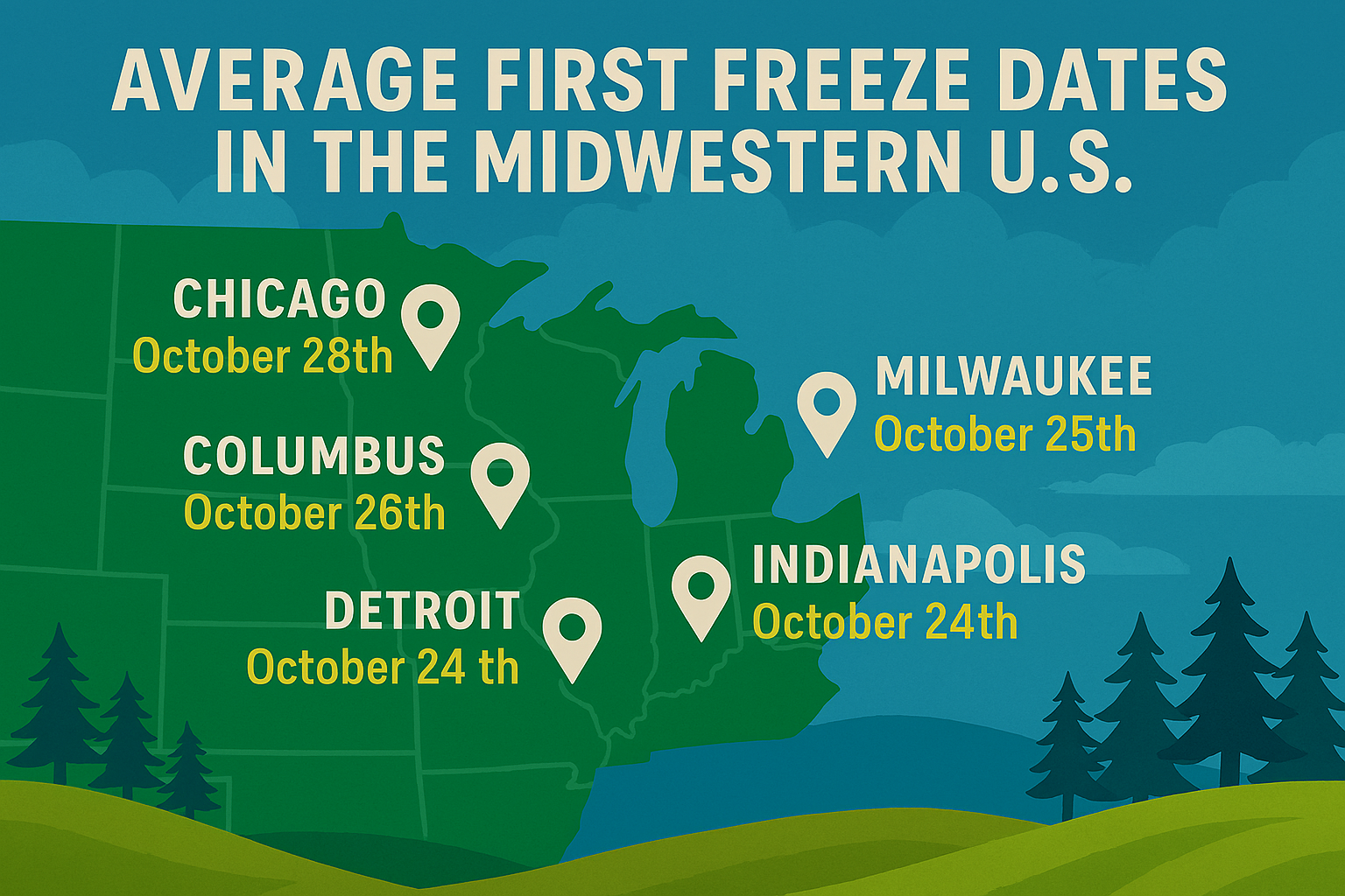 Infographic showing average first winter freeze dates for key Midwestern cities—Chicago, Columbus, Indianapolis, Detroit, and Milwaukee. 