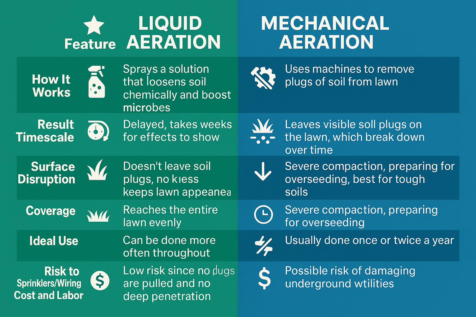 nfographic comparing Liquid Aeration and Mechanical Aeration across features like effectiveness, disruption, coverage, and cost. 