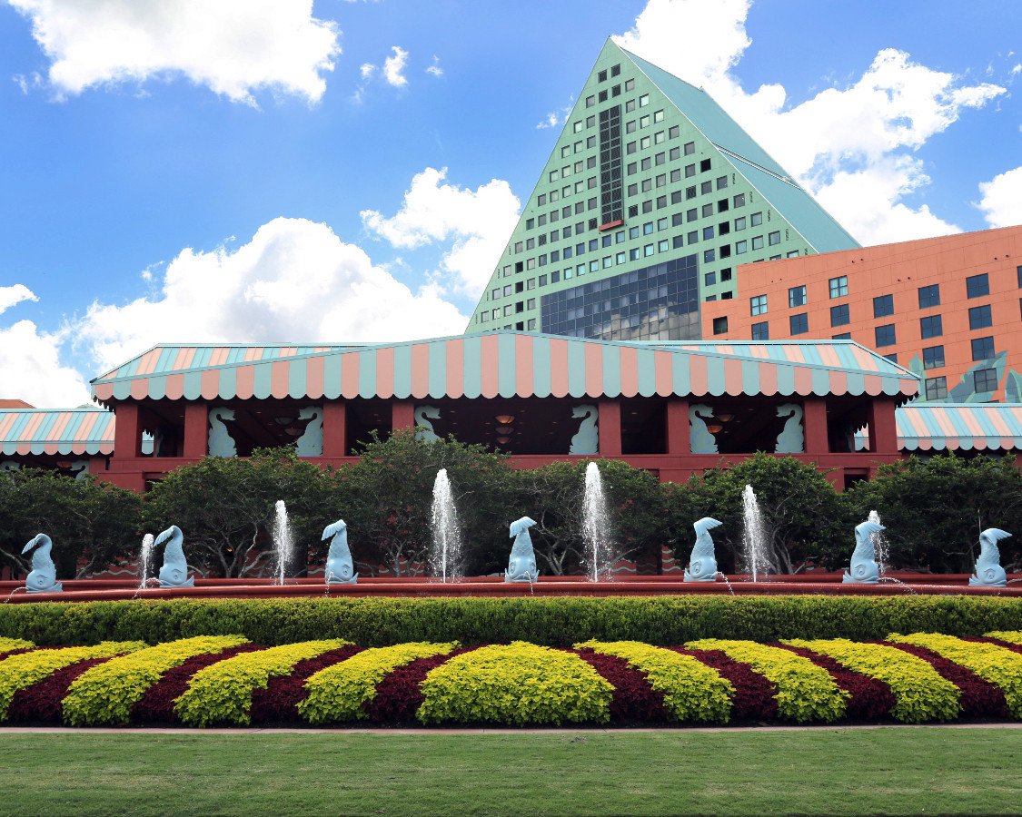 Hotel entranceway with annual flower plantings