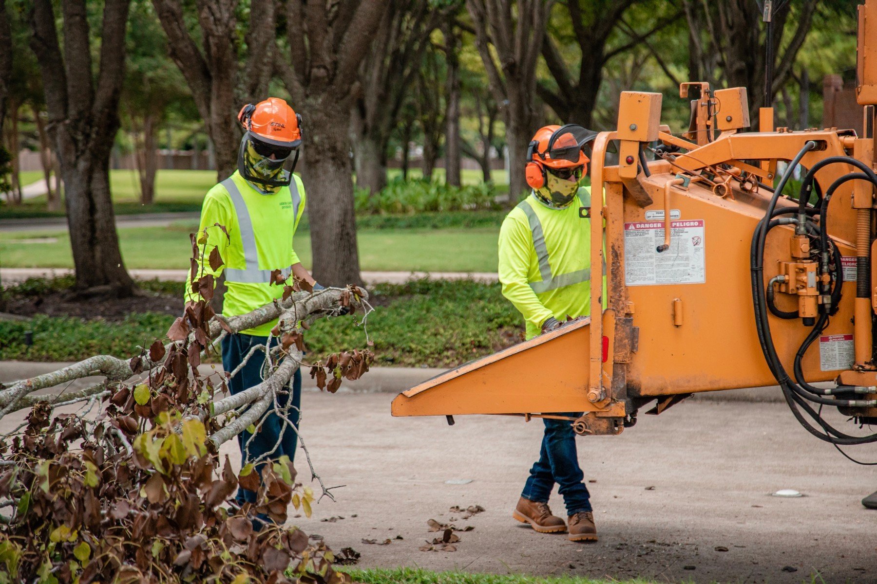 commercial tree service crew using a tree chipper for storm cleanup