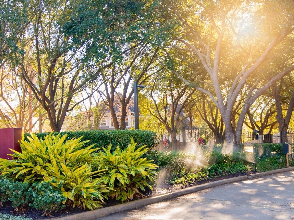 tidy landscape with holiday wreaths on gates