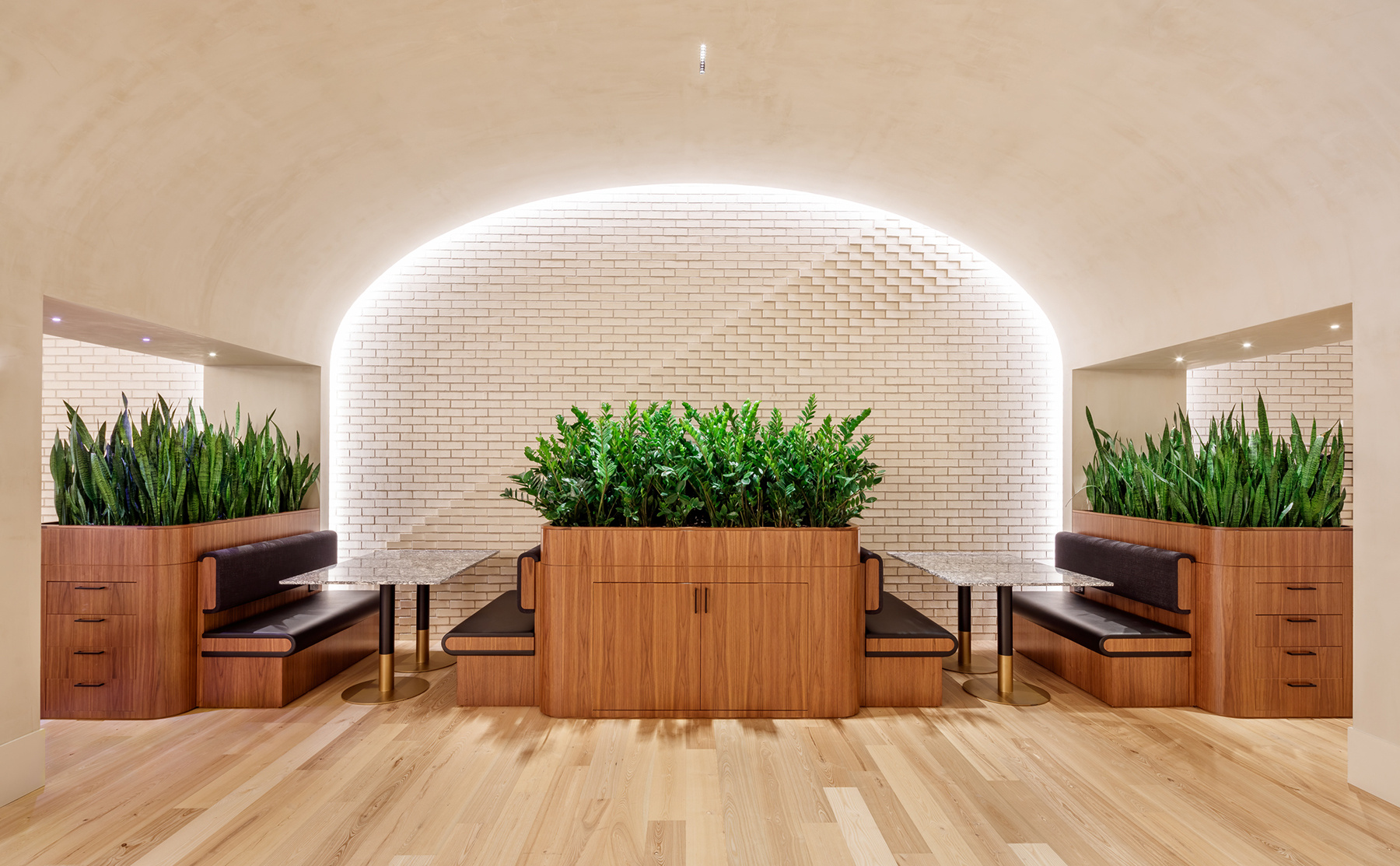 Relaxing eating area with vibrant plants creating a calming atmosphere for staff