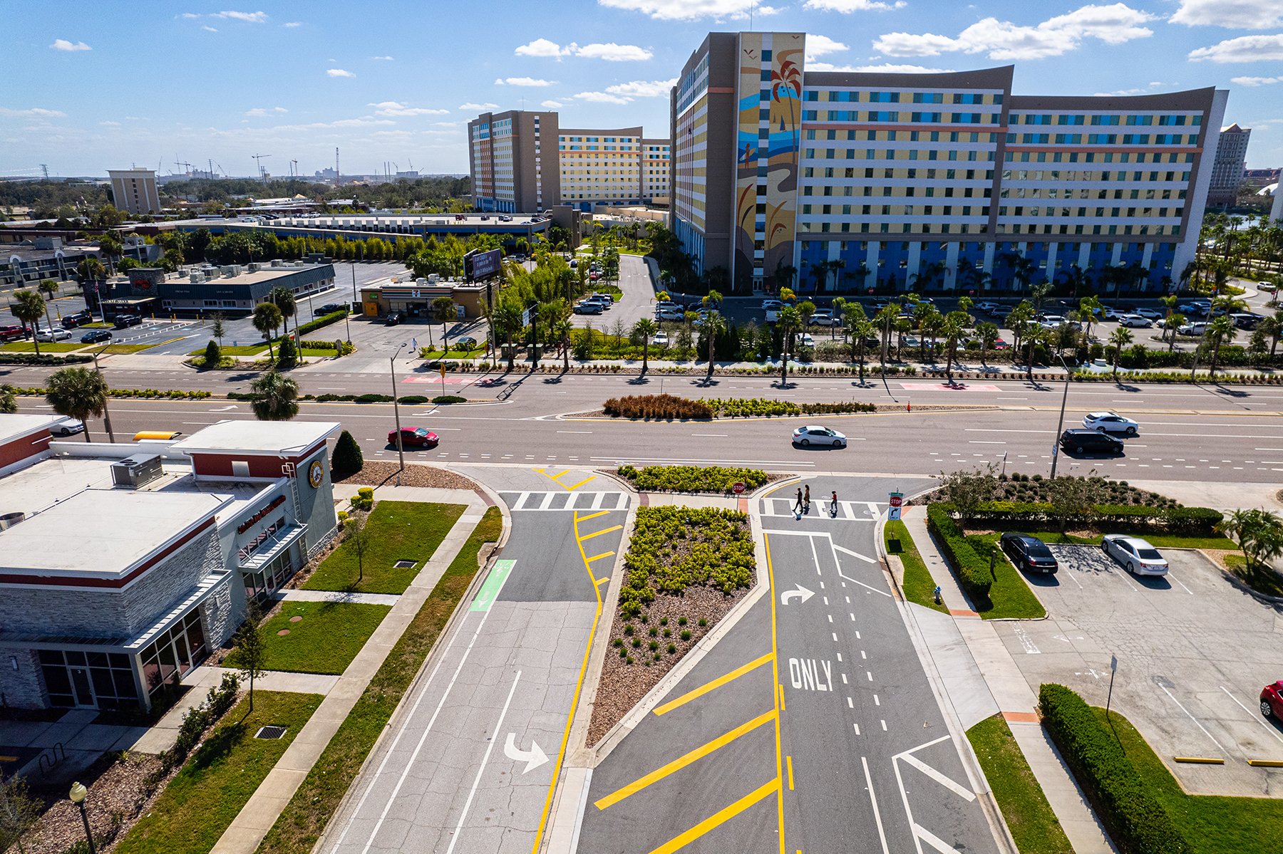 Aerial view of parking lot and median landscape designs