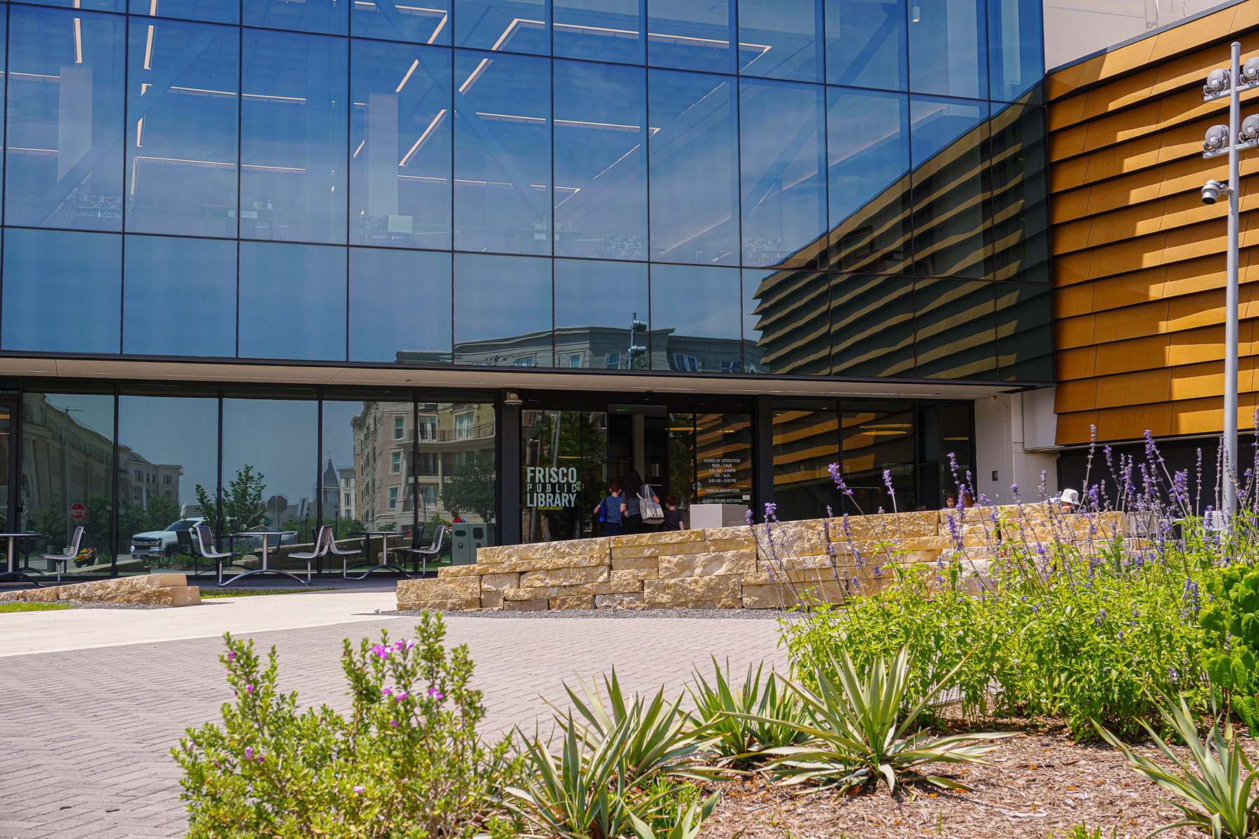 sustainable landscape design at public library in Frisco, TX
