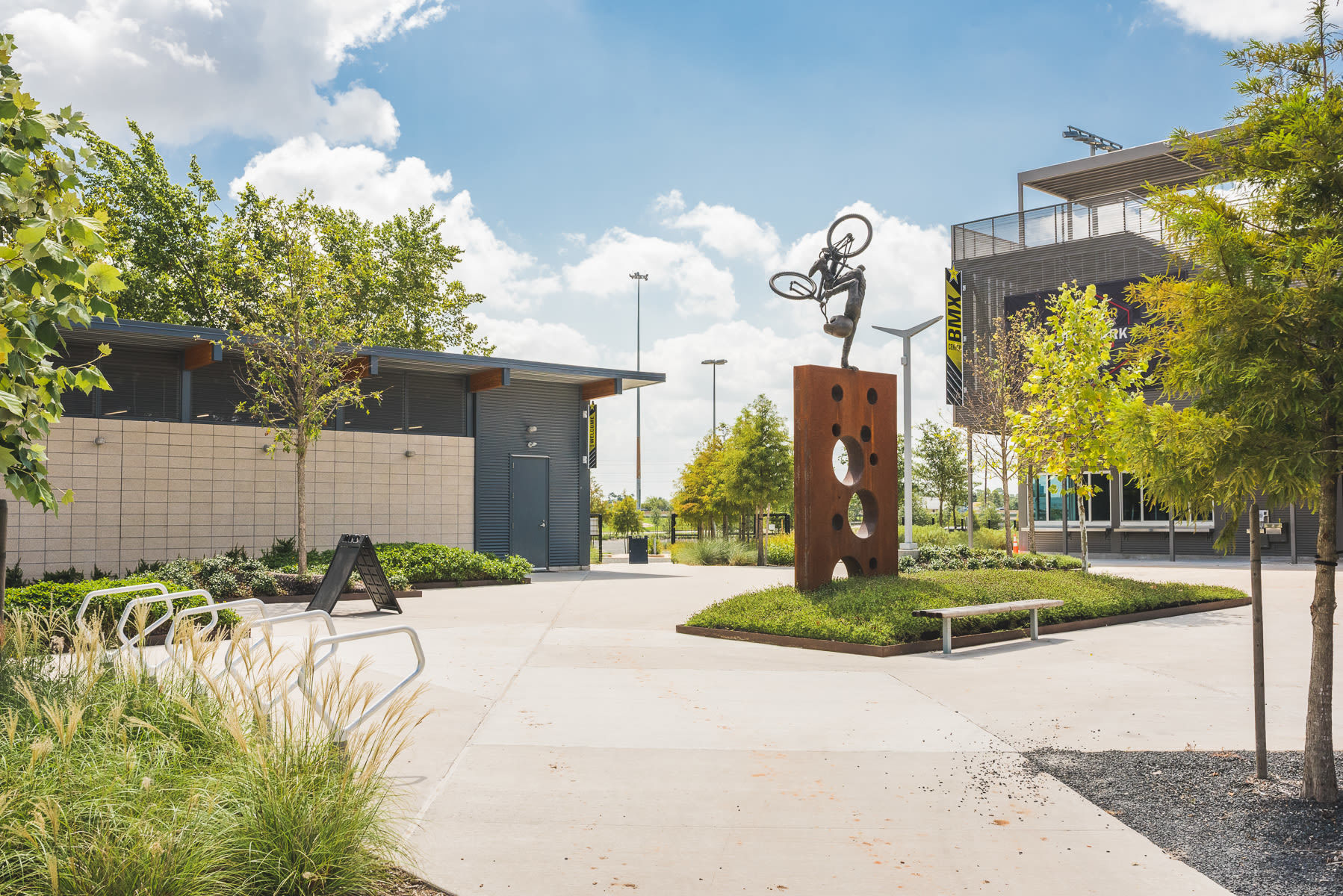 Landscape and statue at Rockstar Energy Bike Park in Houston, TX